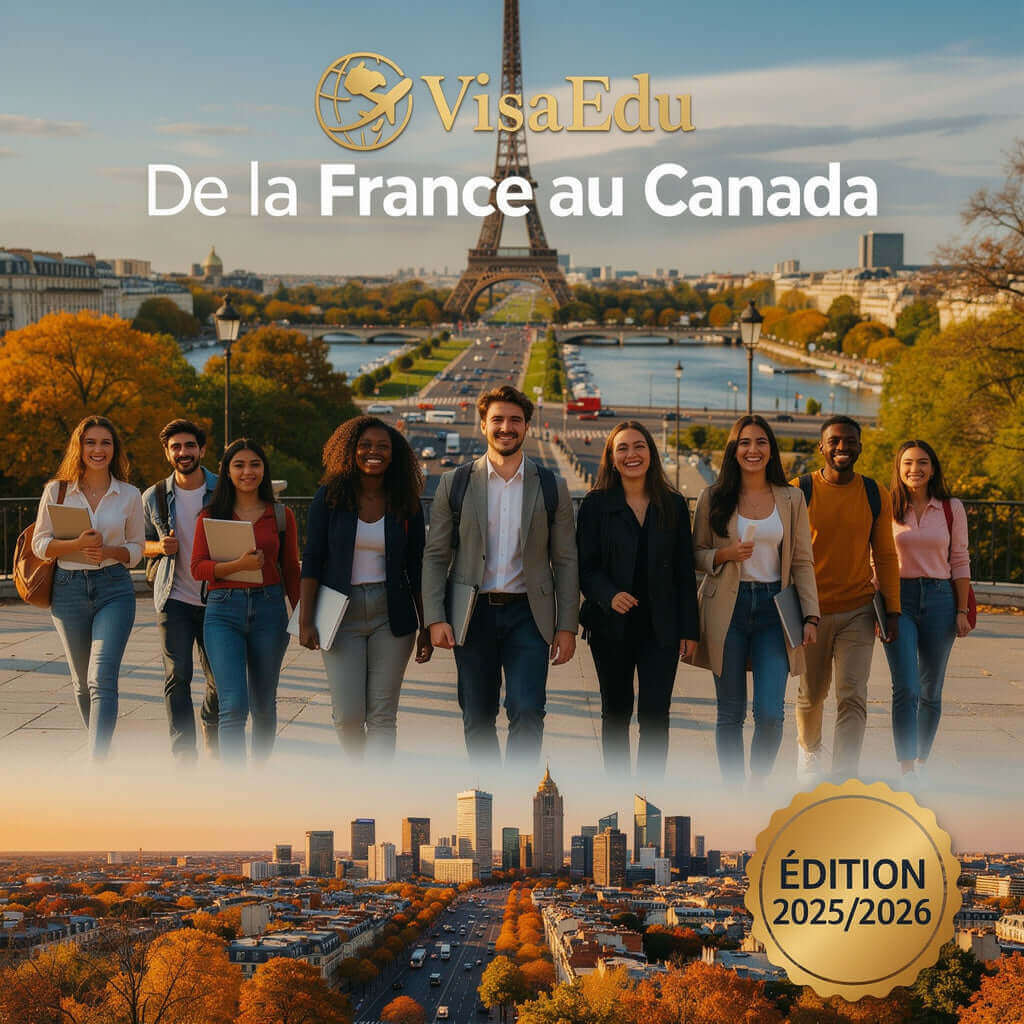 Guide VisaEdu de la France au Canada édition 2025/2026, étudiants devant la Tour Eiffel en automne.