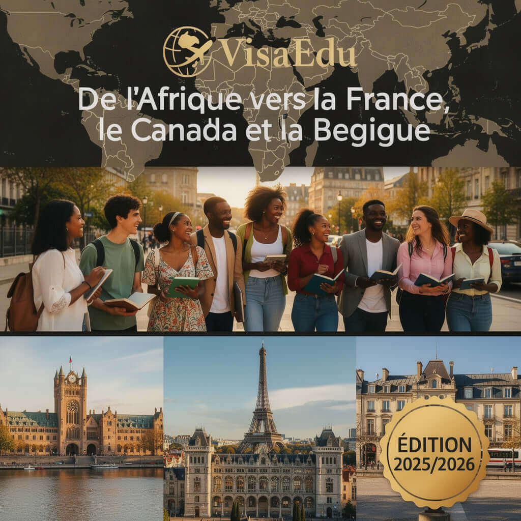 Guide VisaEdu de l'Afrique vers la France-Belgique-Canada, étudiants heureux lisant et découvrant des villes européennes.