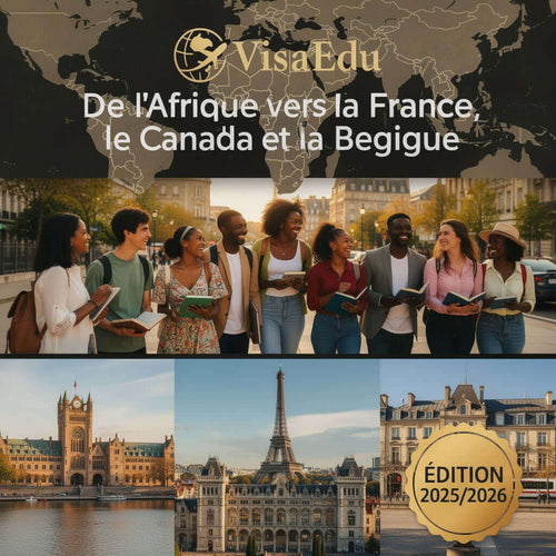 Guide VisaEdu de l'Afrique vers la France-Belgique-Canada, étudiants heureux lisant et découvrant des villes européennes.