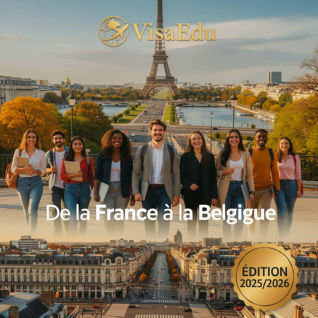 Guide VisaEdu de la France à la Belgique, édition 2025/2026, étudiants devant la Tour Eiffel.