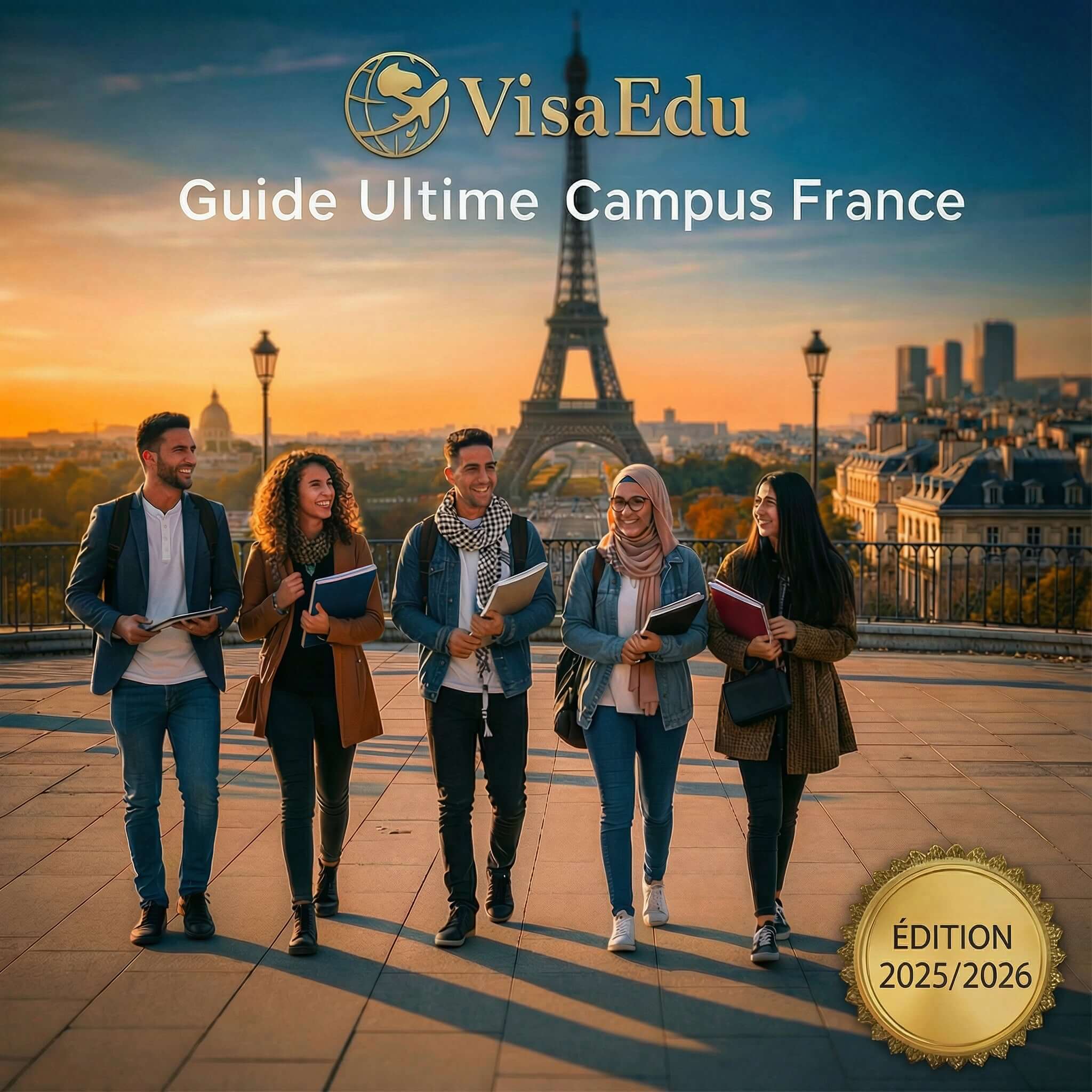 Guide VisaEdu Campus France avec étudiants devant la Tour Eiffel, édition 2025/2026.